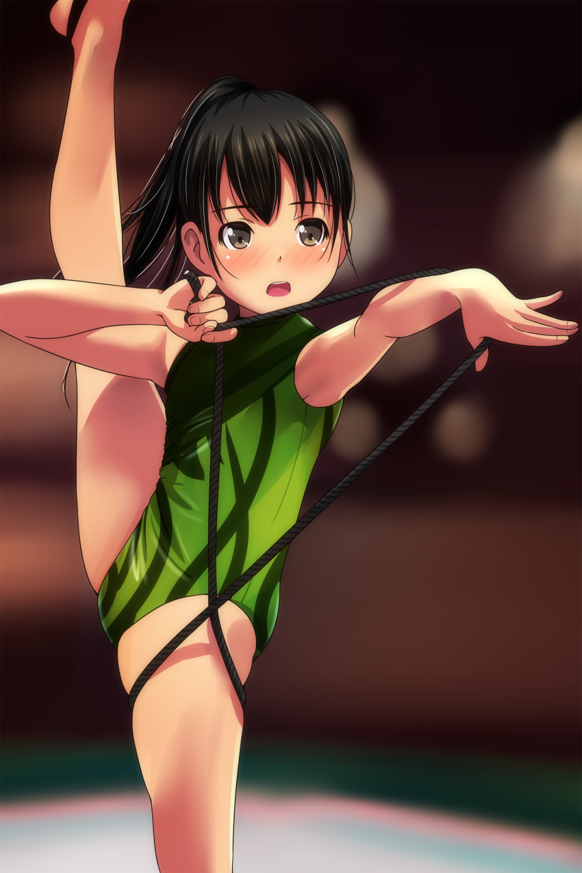 1girl absurdres bangs bare_arms bare_legs bare_shoulders black_hair blurry blurry_background blush brown_eyes depth_of_field eyebrows_visible_through_hair green_leotard gymnast_leotard high_ponytail highres leg_up leotard matsunaga_kouyou nose_blush open_mouth original outstretched_arm ponytail rope skindentation solo split standing standing_on_one_leg standing_split