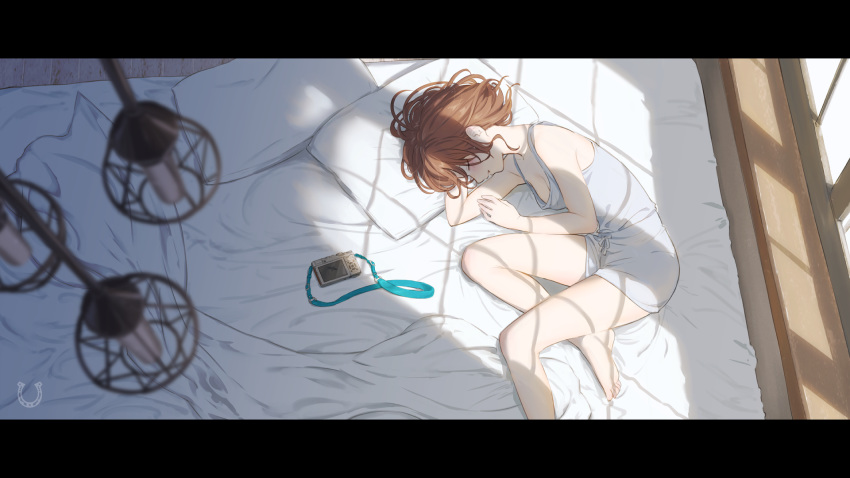 1girl bare_legs barefoot bed blanket blush breasts brown_hair camera ceiling_light cleavage closed_eyes commentary_request digital_camera from_above highres indoors letterboxed lying medium_breasts nemoto_yuuma no_bra on_side original pillow shade short_hair sleeping solo sunlight tank_top white_tank_top window wooden_floor