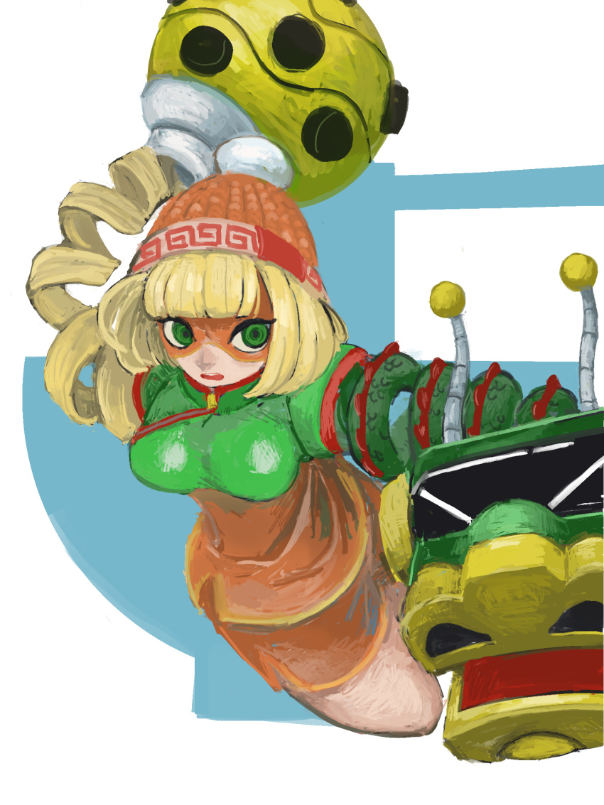 1girl 2020 al_bhed_eyes arms_(game) arms_behind_back bangs blunt_bangs bob_cut breasts chinese_clothes commentary_request d: domino_mask dragon_(arms) foreshortening green_eyes highres knit_hat looking_away looking_to_the_side mandarin_collar mask megawatt_(arms) midair min_min_(arms) multicolored multicolored_clothes multicolored_headwear open_mouth orange_headwear orange_shorts print_headwear shaded_face shirt shorts simple_background solo tateana_shiki taut_clothes taut_shirt upper_teeth white_background