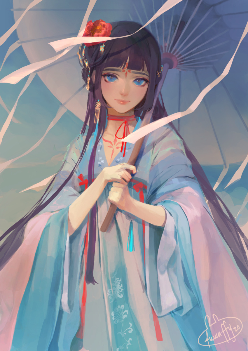 1girl artist_name bangs blind blue_dress blue_eyes character_name chinese_clothes choker closed_mouth dress eyelashes facial_mark facing_viewer flower forehead_mark fuwaffy hair_flower hair_ornament highres holding holding_umbrella lips long_hair mu_dan original peony_(flower) pink_choker pink_lips purple_hair red_flower ribbon solo string_choker tattoo umbrella very_long_hair white_ribbon wide_sleeves