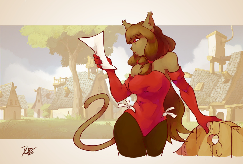 absurd_res ankama anthro breasts clothed clothing detailed_background dofus dress ecaflip felid female hi_res mammal miranda_(wakfu) paper reading solo unknown_artist video_games wakfu wide_hips