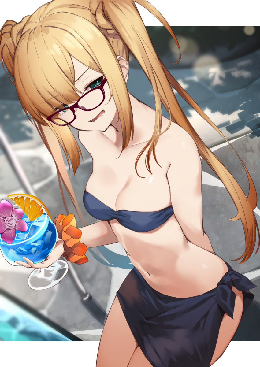 1girl :d alternate_hairstyle bare_shoulders bikini black_bikini blonde_hair blue_eyes blue_hawaii breasts cleavage fate_(series) glasses highres holding long_hair looking_at_viewer lord_el-melloi_ii_case_files medium_breasts navel open_mouth reines_el-melloi_archisorte sidelocks smile smug solo stomach strapless strapless_bikini swimsuit twintails very_long_hair yuuuuu