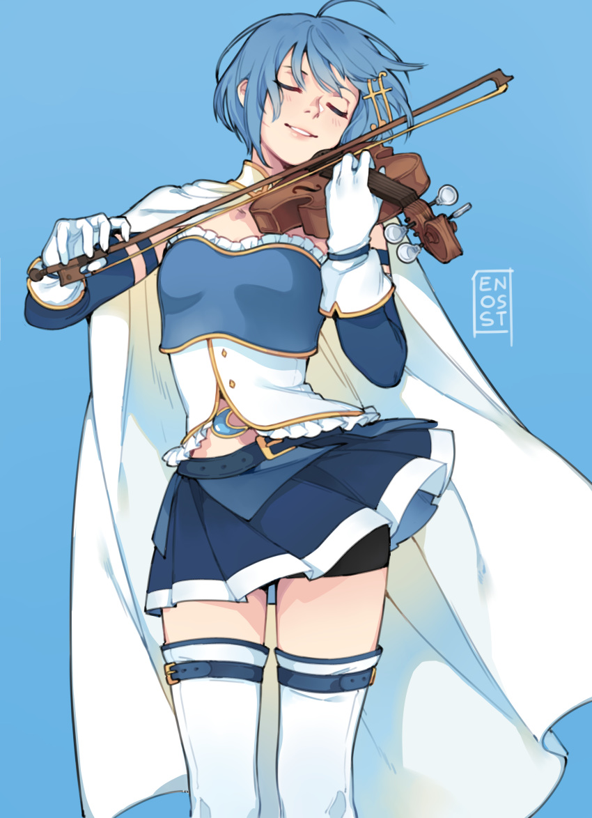 1girl absurdres blue_background blue_hair cape closed_eyes enosst fortissimo fortissimo_hair_ornament gloves hair_ornament highres instrument magical_girl mahou_shoujo_madoka_magica miki_sayaka music parted_lips playing_instrument short_hair shorts shorts_under_skirt smile solo soul_gem thighhighs violin white_cape white_legwear zettai_ryouiki