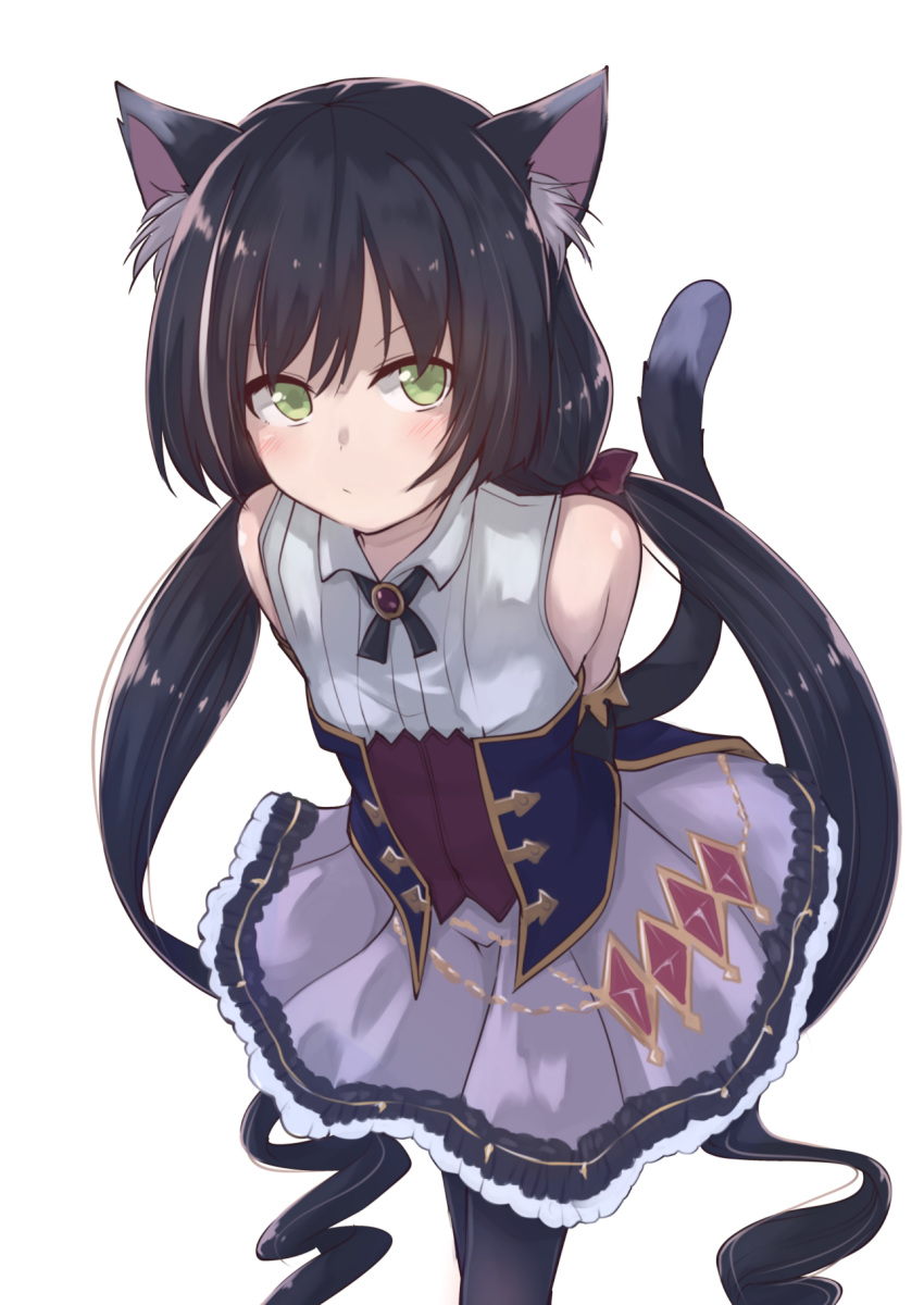 1girl animal_ear_fluff animal_ears bangs bare_shoulders black_hair blush breasts cat_ears cat_girl cat_tail commentary_request detached_sleeves dress eyebrows_visible_through_hair frills from_above gem green_eyes highres karyl_(princess_connect!) leafy_(kitsuneya) long_hair looking_at_viewer low_twintails multicolored_hair princess_connect! princess_connect!_re:dive simple_background sleeveless sleeveless_dress small_breasts solo streaked_hair tail twintails very_long_hair white_background white_hair