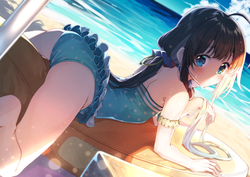 1girl ahoge aqua_eyes ass back beach breasts brown_hair frilled_swimsuit frills gurasion_(gurasion) hair_ribbon hinatsuru_ai long_hair looking_at_viewer looking_back low_twintails lying on_stomach one-piece_swimsuit polka_dot ribbon ryuuou_no_oshigoto! sand scrunchie small_breasts swimsuit twintails