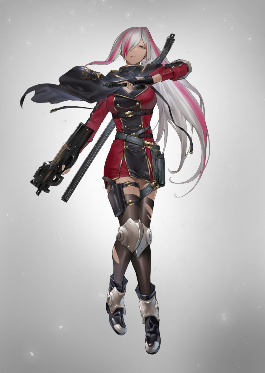 1girl bullpup clip_studio_paint_(medium) commentary_request full_body gun hair_over_one_eye handgun highres holster long_hair looking_at_viewer mugetsu2501 multicolored_hair original p90 pink_hair sheath sheathed simple_background solo submachine_gun sword thigh_holster thighhighs torn_clothes torn_legwear two-tone_hair weapon weapon_on_back weapon_request white_hair yellow_eyes