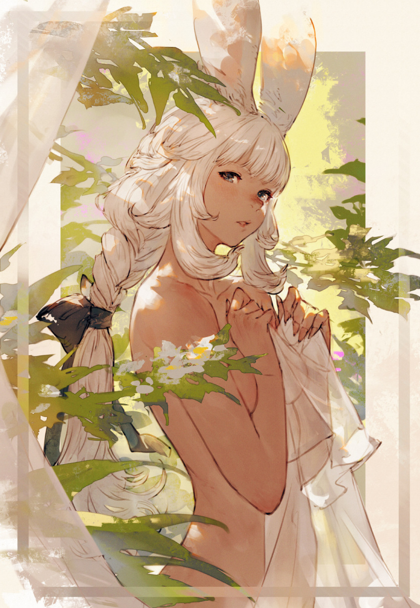 1girl animal_ears bangs black_bow blue_eyes bow braid breasts bunny_ears commentary_request final_fantasy final_fantasy_xiv hair_bow highres junwool long_hair looking_at_viewer open_mouth sidelocks solo sunbathing upper_body viera white_hair
