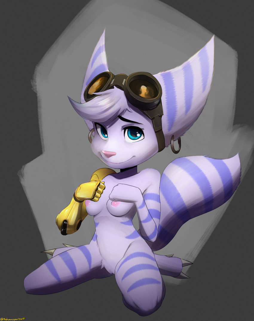 anthro blue_eyes breasts ear_piercing ear_ring genitals hi_res lombax looking_at_viewer mammal nipples nude piercing pussy ratchet_and_clank rift_apart_lombax thehumancopier video_games