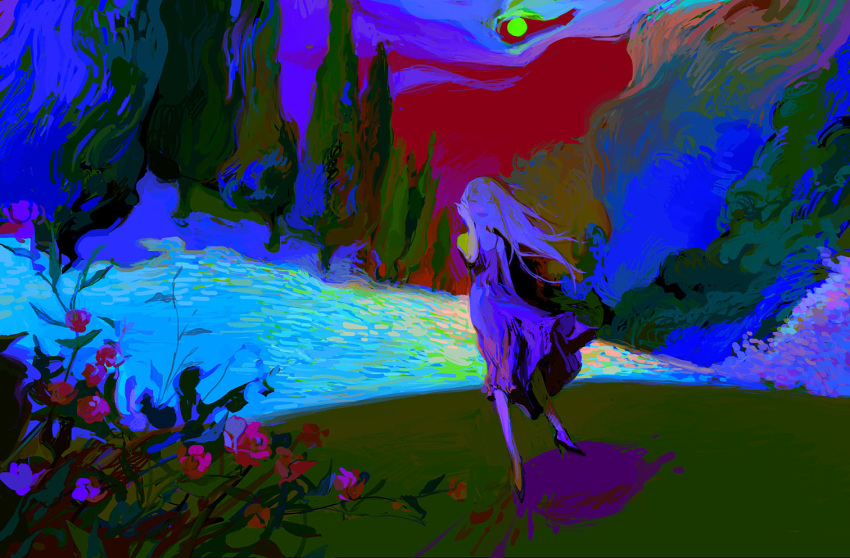 1girl abstract athgil blood closed_eyes cloud cloudy_sky contrast dress flower forest high_heels long_hair moon nature open_mouth original outdoors painttool_sai_(medium) plant purple_flower red_sky sky smile solo tree water