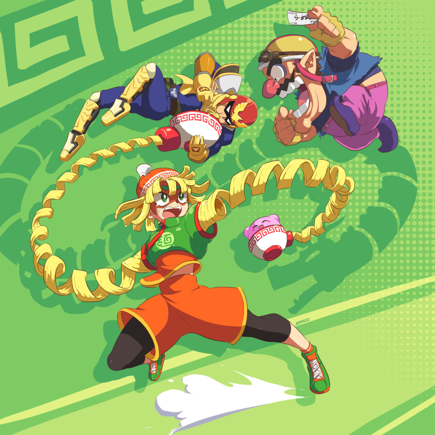 1girl 1other 2boys arms_(game) beanie blonde_hair boots bowl captain_falcon eating f-zero facial_hair food gloves hat helmet highres john_su kirby kirby_(series) leggings legwear_under_shorts mask min_min_(arms) multiple_boys mustache noodles open_mouth pantyhose pointy_ears ramen shorts super_smash_bros. wario warioware