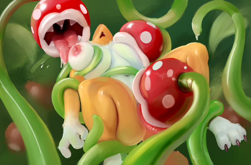 ambiguous_gender anthro big_breasts breast_lick breast_suck breasts butt cunnilingus digimon digimon_(species) elemental_creature female female/ambiguous flora_fauna fur goldmikun group hi_res interspecies licking mario_bros navel nintendo nipples nude open_mouth oral piranha_plant plant renamon sex sucking tongue tongue_out vaginal video_games yellow_body yellow_fur
