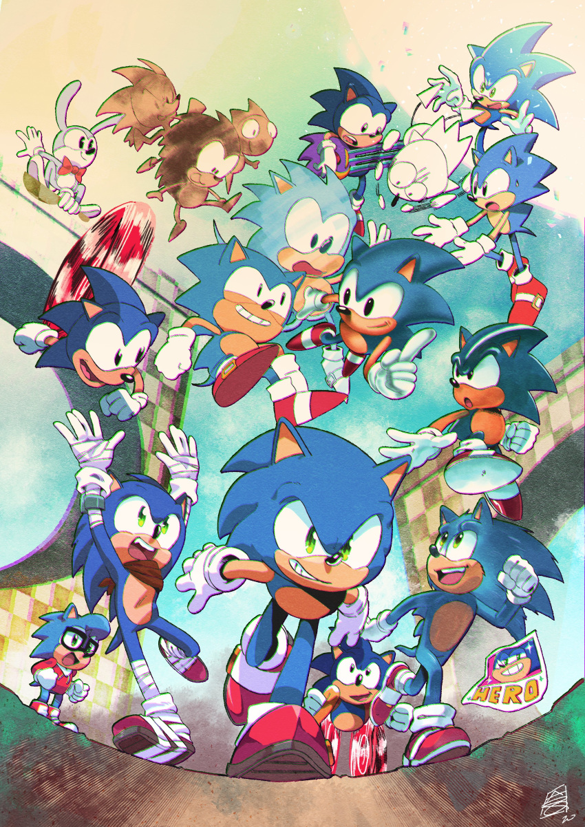 6+boys absurdres adventures_of_sonic_the_hedgehog animal_ears anniversary arms_up bandages blue_fur bunny_ears chromatic_aberration furry glasses gloves green_eyes grin hedgehog hedgehog_ears highres looking_at_viewer multiple_boys multiple_persona open_mouth red_footwear running signature smile sonic sonic_boom_(game) sonic_mania_adventures sonic_the_hedgehog sonic_the_hedgehog_(classic) sonic_the_hedgehog_(film) sonic_the_hedgehog_(ova) sonic_underground teeth theduckgod white_gloves