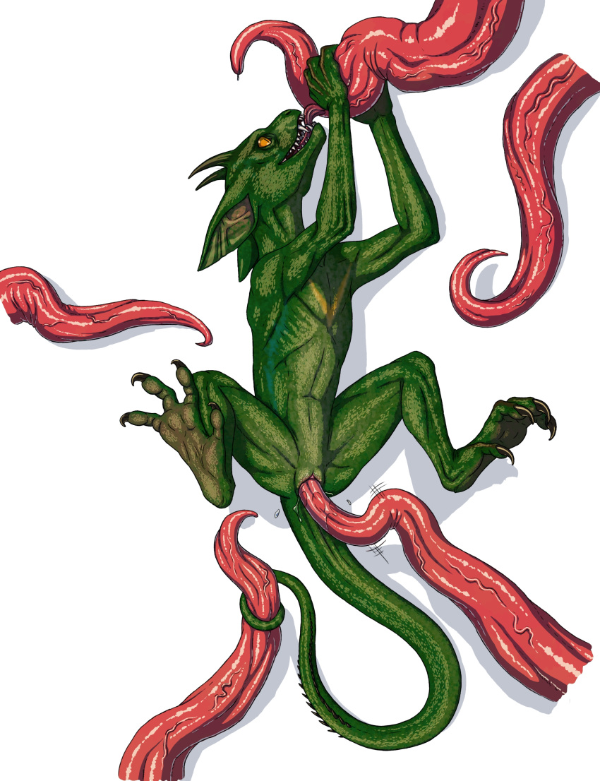absurd_res anthro bodily_fluids female genital_fluids goblin green_body green_scales hi_res holding_tentacles horn humanoid licking lying minion_(overlord) on_back overlord_(game) penetration pink_tentacles prehensile_tail pussy_juice ramul scales simple_background solo speedlines tentacle_in_pussy tentacle_lick tentacle_sex tentacles tongue tongue_out vaginal vaginal_penetration vein veiny_tentacles white_background yellow_eyes
