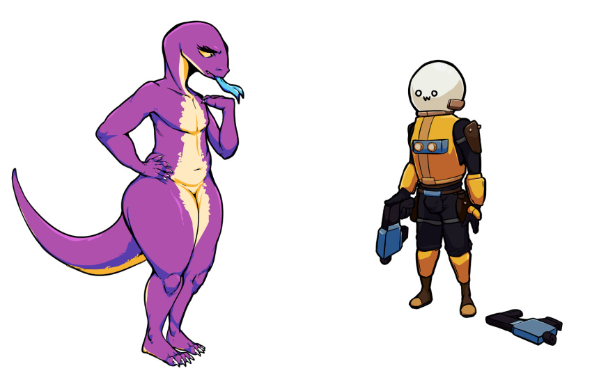 blue_tongue bulge claws commando_(risk_of_rain) duo feet female gun hi_res humanoid lemurian lizard male male/female owo purple_body ranged_weapon reptile scalie thick_thighs toe_claws tongue tongue_out unknown_artist weapon