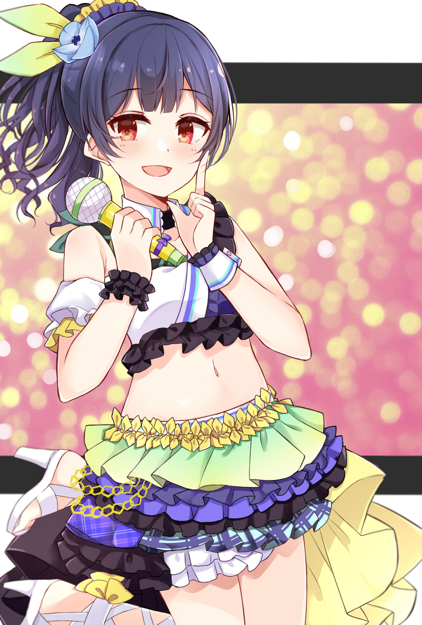 1girl absurdres amidada bangs bare_shoulders blue_hair blush cowboy_shot crop_top flower frilled_skirt frills hair_flower hair_ornament hair_scrunchie high_heels highres holding holding_microphone idol idol_clothes idolmaster idolmaster_shiny_colors looking_at_viewer medium_hair microphone midriff morino_rinze navel open_mouth ponytail red_eyes scrunchie skirt sleeveless smile solo standing wrist_cuffs