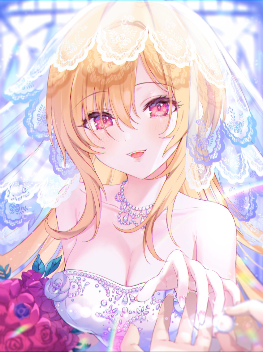 1girl bare_shoulders blonde_hair blush bouquet breasts bridal_veil bride cleavage collarbone dress eyebrows_visible_through_hair eyelashes fangs flower hair_over_eyes highres holding holding_bouquet idolmaster idolmaster_cinderella_girls idolmaster_cinderella_girls_starlight_stage jewelry kurosaki_chitose large_breasts long_hair looking_at_viewer necklace nekoremon outstretched_hand parted_lips pearl_(gemstone) pov pov_hands red_eyes ring rose smile solo_focus strapless strapless_dress veil wedding_dress wedding_ring white_dress