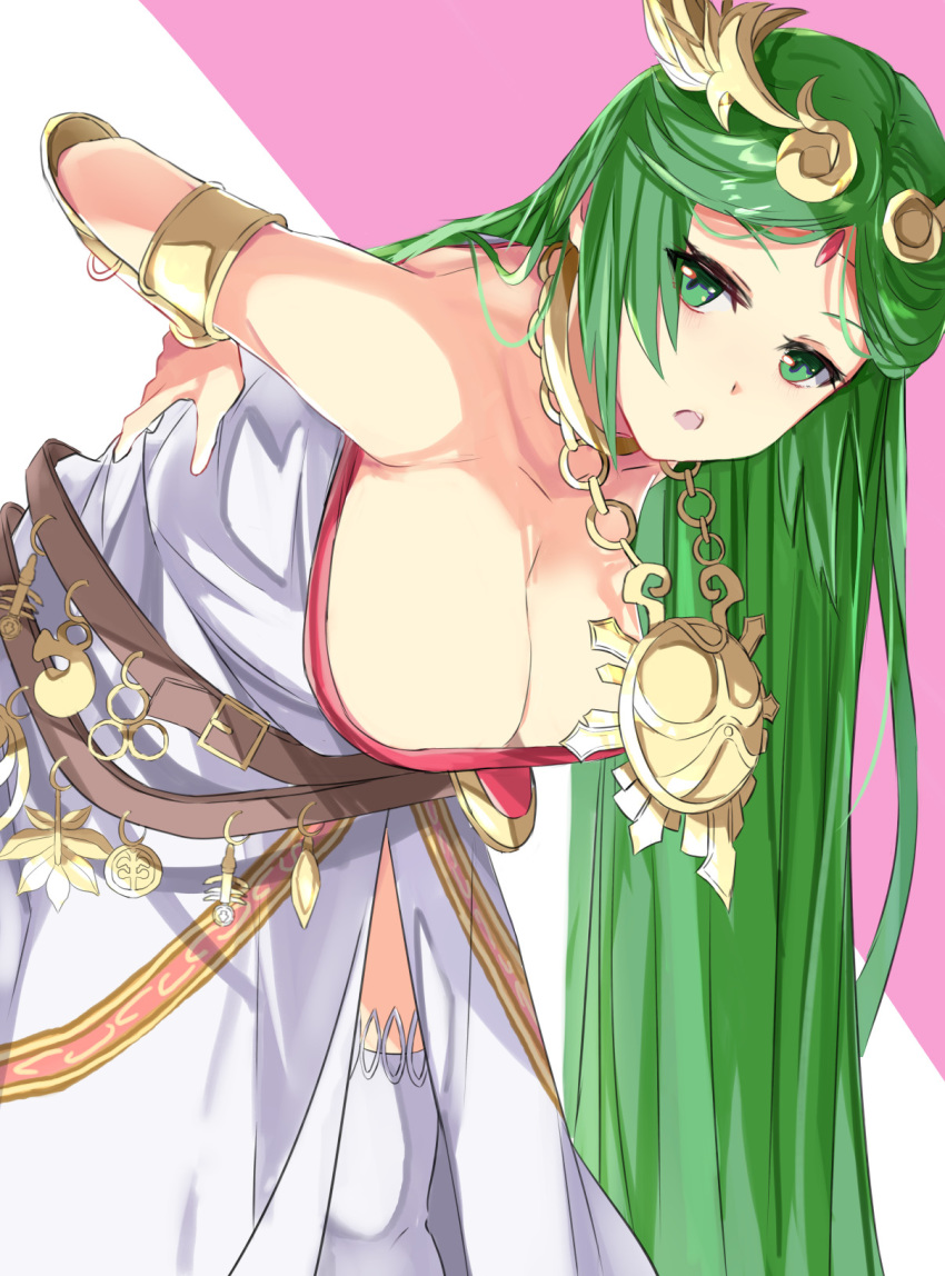 1girl :o arched_back arm_behind_back armlet bangs belt breasts cleavage clip_studio_paint_(medium) commentary commentary_request dress forehead_jewel goddess green_eyes green_hair hand_on_back hanging_breasts highres jewelry kid_icarus kid_icarus_uprising large_breasts long_hair looking_at_viewer multiple_belts neck_ring pain palutena parted_bangs pendant pink_background side_slit simple_background single_thighhigh solo strapless strapless_dress swept_bangs thighhighs tiara tomas_(kaosu22) two-tone_background vambraces very_long_hair white_background white_dress