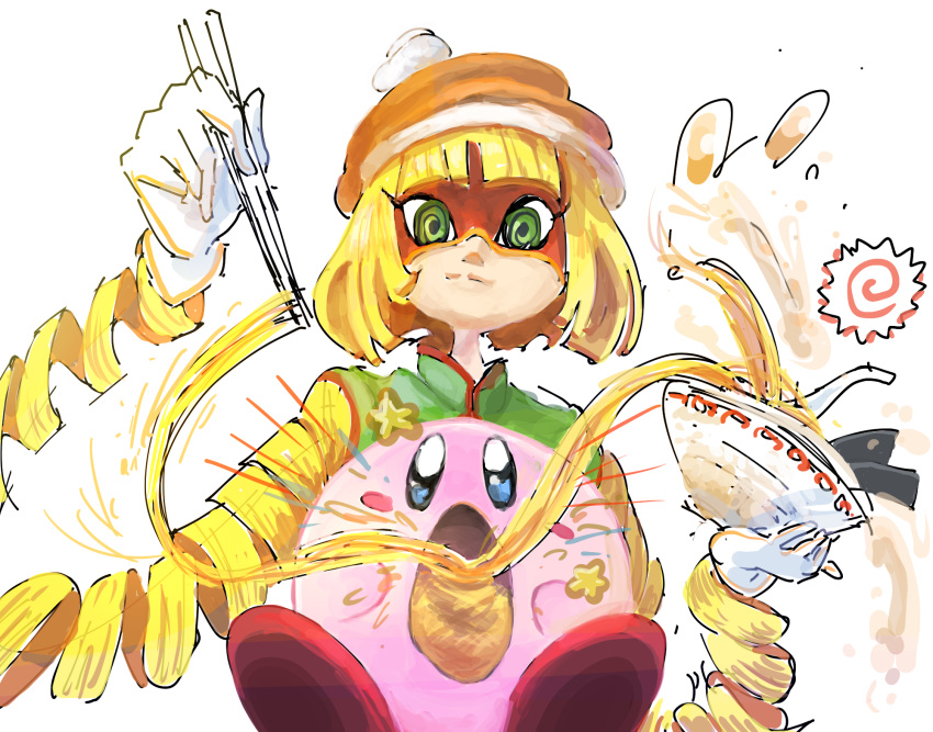 1boy 1girl al_bhed_eyes arms_(game) bangs beanie blonde_hair blunt_bangs blush_stickers bob_cut bowl chinese_clothes chopsticks commentary_request disconnected_mouth eating egg facing_viewer feeding food gloves hand_up hardboiled_egg hat highres holding holding_bowl holding_chopsticks kamaboko kirby kirby_(series) knit_hat mandarin_collar min_min_(arms) multicolored multicolored_clothes multicolored_headwear narutomaki nendo23 noodles nori_(seaweed) orange_headwear pink_skin ramen short_hair simple_background spoon star_(symbol) super_smash_bros. white_background white_gloves wide_oval_eyes