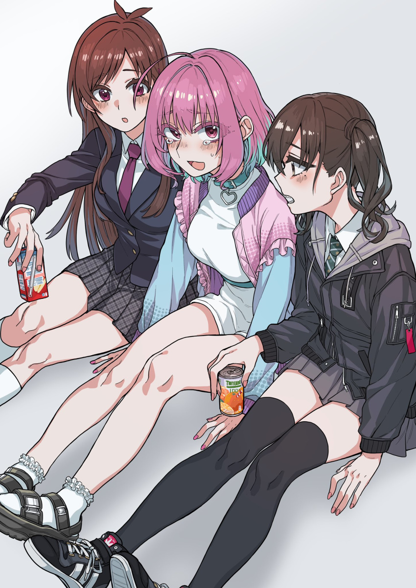 3girls ahoge ankle_socks bangs black_jacket black_legwear blue_jacket brown_hair calf_socks collar collared_shirt eyebrows_visible_through_hair frilled_legwear green_neckwear grey_skirt hands_on_floor heart highres holding_drink idolmaster idolmaster_cinderella_girls idolmaster_cinderella_girls_starlight_stage jacket long_sleeves multicolored_hair multiple_girls namiko817 pink_hair pink_jacket plaid plaid_skirt pleated_skirt red_neckwear sandals school_uniform shirt shoes short_twintails shorts sitting skirt sneakers streaked_hair striped striped_neckwear sunazuka_akira thighhighs tsujino_akari twintails white_legwear white_shirt white_shorts yumemi_riamu zettai_ryouiki