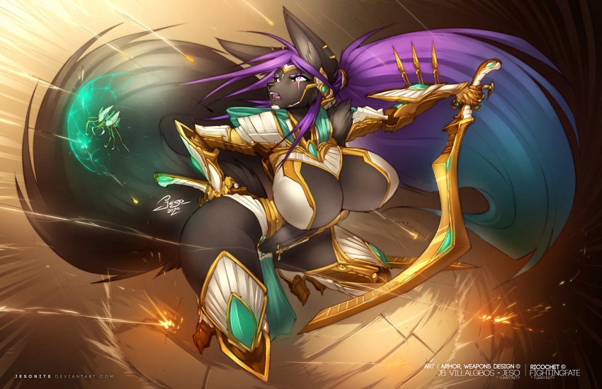 ankh anthro anubian_jackal arthropod beetle big_breasts breasts canid canine canis drone dung_beetle female hair huge_breasts insect jackal jesonite khopesh mammal melee_weapon multicolored_hair navel navel_piercing piercing purple_eyes sacred_scarab scar scarabaeid shield skimpy_armor solo sword weapon
