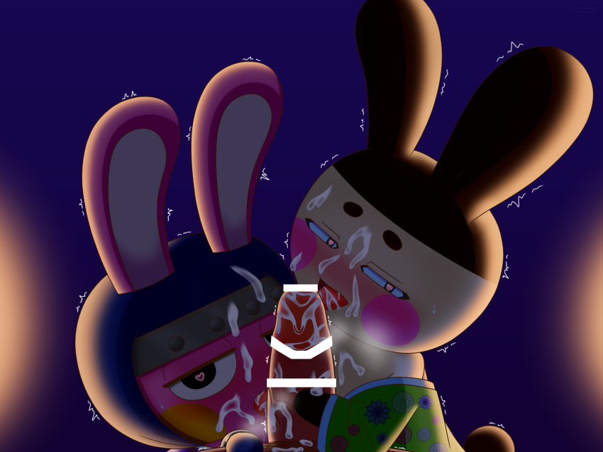 &lt;3 &lt;3_eyes 4:3 animal_crossing anthro bodily_fluids brown_markings clothing cum domestic_rabbit ejaculation fellatio fur genital_fluids genitals genji_(animal_crossing) group hi_res holding_penis lagomorph leporid licking male male/male mammal markings nintendo oral oryctolagus penile penis penis_lick pink_body pink_fur rabbit sex shaking shivering snake_(animal_crossing) tagme tongue tongue_out video_games