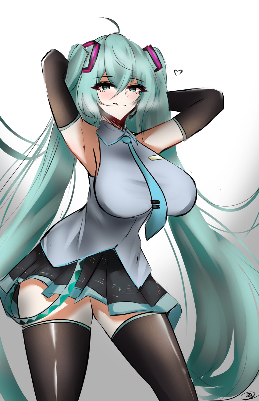 absurdres aqua_hair arms_behind_head blush breasts detached_sleeves grey_shirt hair_between_eyes hair_ornament_removed hatsune_miku highres kyle_(kysizzle) large_breasts necktie shirt skirt tagme thighhighs twintails vocaloid