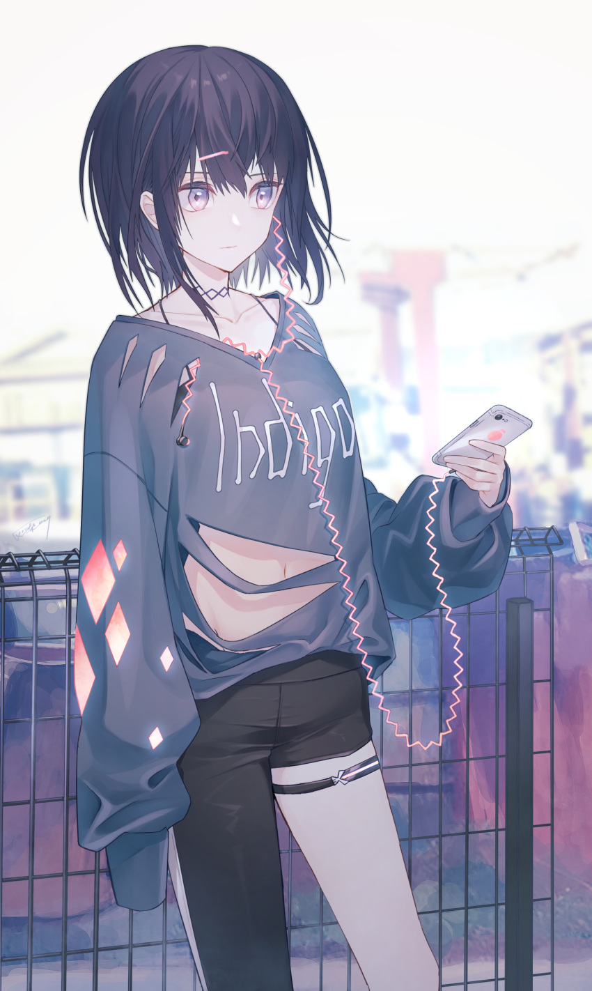 1girl absurdres asymmetrical_clothes bangs black_hair black_pants blurry blurry_background breasts cable cellphone choker clothes_writing collarbone earphones fence groin hair_ornament hairclip haizome_senri highres holding holding_phone leaning_back long_sleeves looking_to_the_side midriff_peek navel original pants phone purple_eyes purple_shirt shirt short_hair sidelocks single_earphone_removed single_pantsleg sleeves_past_fingers sleeves_past_wrists small_breasts smartphone solo standing thigh_strap