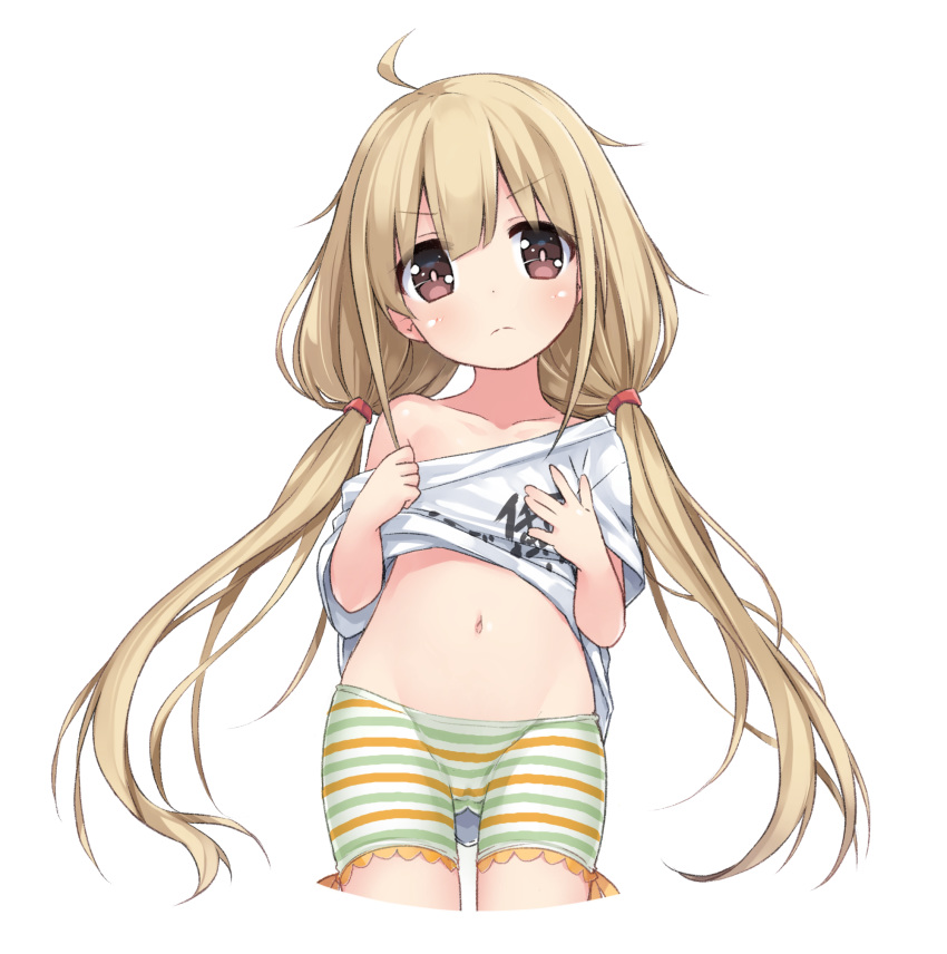 1girl ahoge ass_visible_through_thighs bike_shorts brown_eyes brown_hair clothes_writing flat_chest futaba_anzu groin hands_on_own_chest highres idolmaster idolmaster_cinderella_girls lifted_by_self long_hair low_twintails navel off_shoulder shirt shirt_lift short_sleeves shorts shorts_pull simple_background solo striped striped_bike_shorts striped_shorts t-shirt tamase_tama thigh_gap thighs twintails very_long_hair white_background white_shirt you_work_you_lose