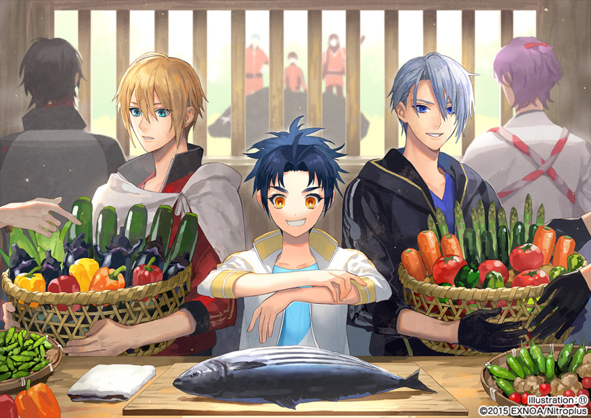 6+boys alternate_hairstyle aqua_eyes aqua_hair asparagus basket bell_pepper black_gloves black_hair blonde_hair blue_eyes blue_hair blurry blurry_background carrot corn cucumber cutting_board eggplant fish gloves horikawa_kunihiro izumi-no-kami_kanesada jacket kasen_kanesada male_focus multiple_boys official_art pepper ponytail purple_hair shokudaikiri_mitsutada silver_hair sleeves_rolled_up smile taikogane_sadamune toichi_(ik07) tomato touken_ranbu track_jacket yamabushi_kunihiro yamanbagiri_chougi yamanbagiri_kunihiro yellow_eyes