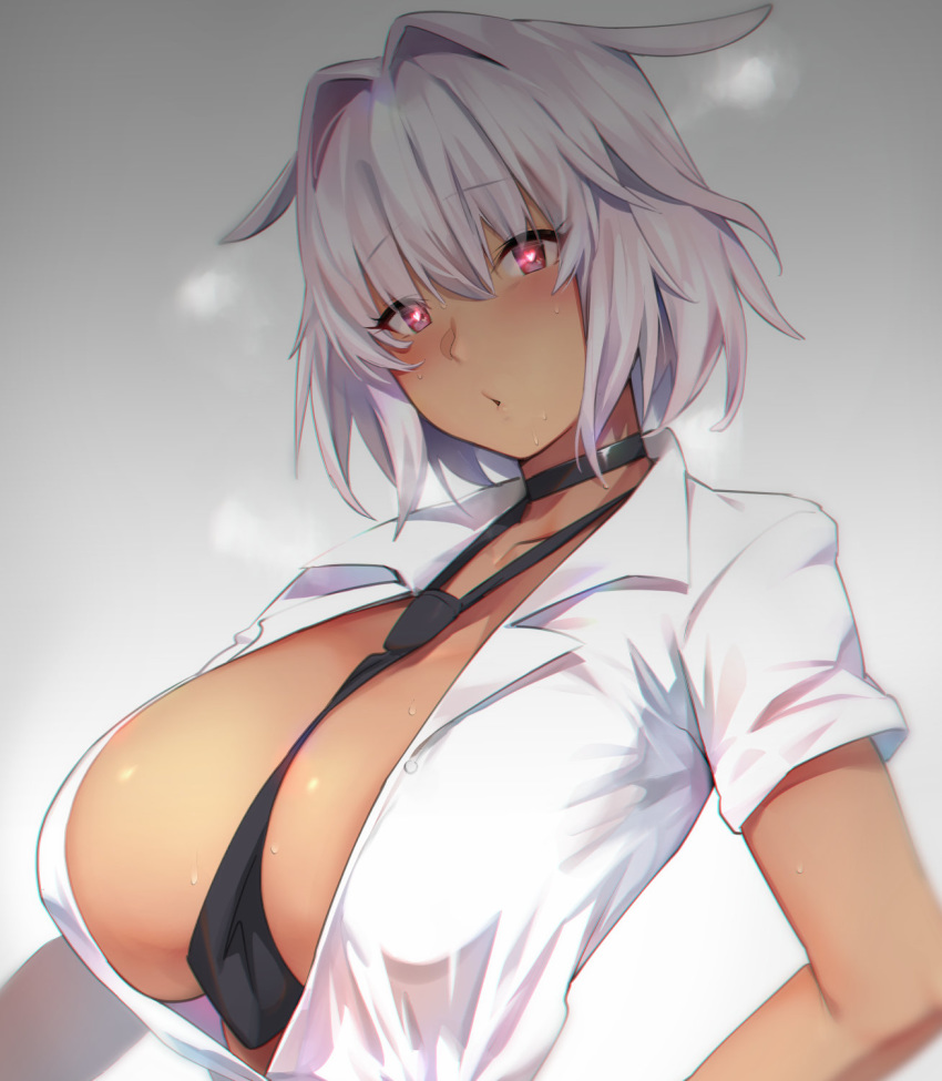 1girl animal_ears bangs black_neckwear blush breasts caenis_(fate) center_opening choker cleavage collarbone collared_shirt dark_skin fate/grand_order fate_(series) glowing glowing_eyes gradient gradient_background grey_background hair_between_eyes hair_intakes highres kurowa large_breasts looking_at_viewer necktie open_mouth partially_unbuttoned red_eyes shirt short_hair short_sleeves silver_hair white_shirt