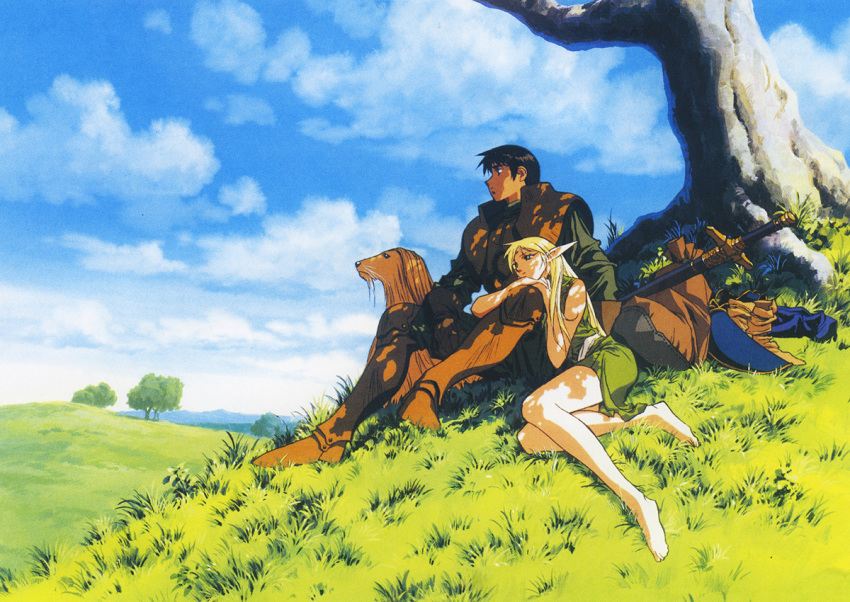 1990s_(style) 1boy 1girl armored_boots barefoot blonde_hair boots day deedlit footwear_removed hill long_hair nature official_art outdoors parn pointy_ears record_of_lodoss_war sack sheath sheathed sitting sword weapon yuuki_nobuteru