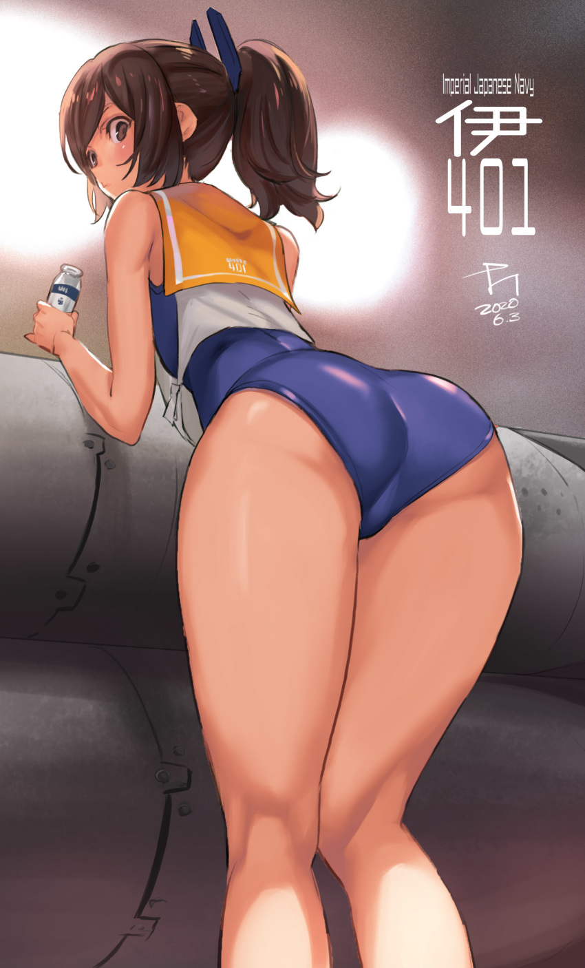 1girl absurdres ass bangs blue_swimsuit brown_eyes brown_hair character_name closed_mouth clothes_writing dated from_behind hair_ornament hairclip harusame_tsubaki head_tilt highres holding i-401_(kantai_collection) kantai_collection kneepits one-piece_swimsuit orange_sailor_collar ponytail sailor_collar school_swimsuit signature solo swimsuit swimsuit_under_clothes thighs