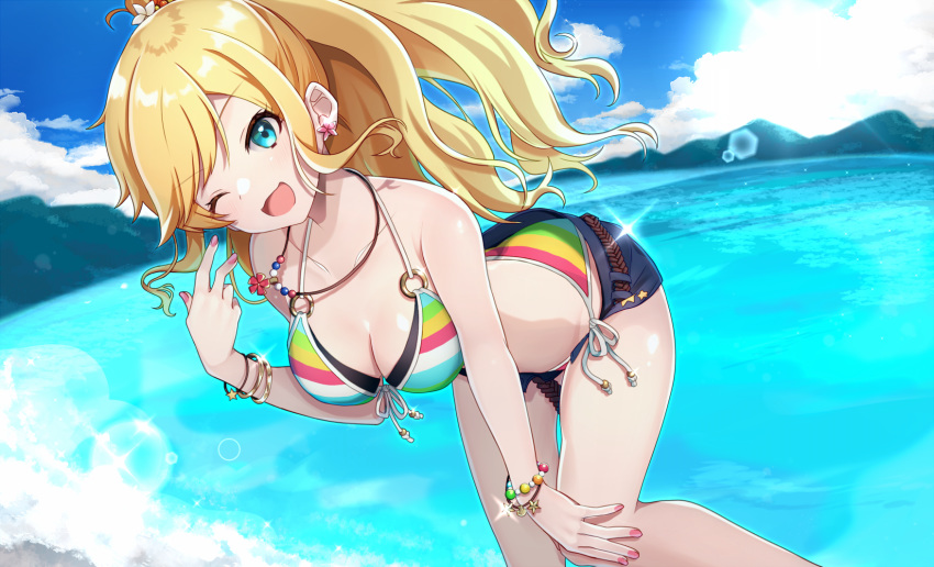 1girl ;d bangs bare_shoulders beach belt bikini blonde_hair blue_eyes blue_sky blush bracelet breasts cleavage cloud collarbone day earrings eyebrows_visible_through_hair hair_ornament halter_top halterneck highres idolmaster idolmaster_cinderella_girls jewelry large_breasts long_hair looking_at_viewer necklace o-ring o-ring_top obybuss ocean one_eye_closed ootsuki_yui open_mouth outdoors pink_nails ponytail short_shorts shorts side-tie_bikini sky smile solo swept_bangs swimsuit water wavy_hair
