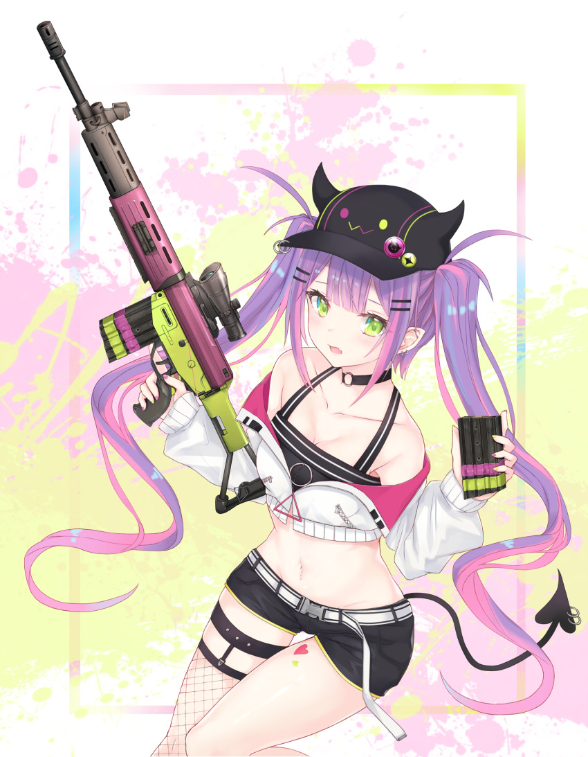 1girl assault_rifle breasts chicami cleavage collarbone demon_tail green_eyes gun hair_between_eyes hair_ornament hairclip hat highres hololive howa_type_89 long_hair looking_at_viewer magazine_(weapon) purple_hair rifle shorts solo tail tokoyami_towa trigger_discipline twintails virtual_youtuber weapon