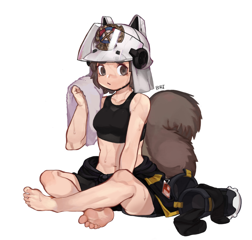 1girl absurdres animal_ears_helmet arknights barefoot boridongja brown_eyes brown_hair fire_helmet fire_jacket firefighter footwear_removed highres indian_style jacket jacket_removed midriff shaw_(arknights) short_hair sitting soles solo squirrel_girl squirrel_tail sweat tail tank_top towel white_background