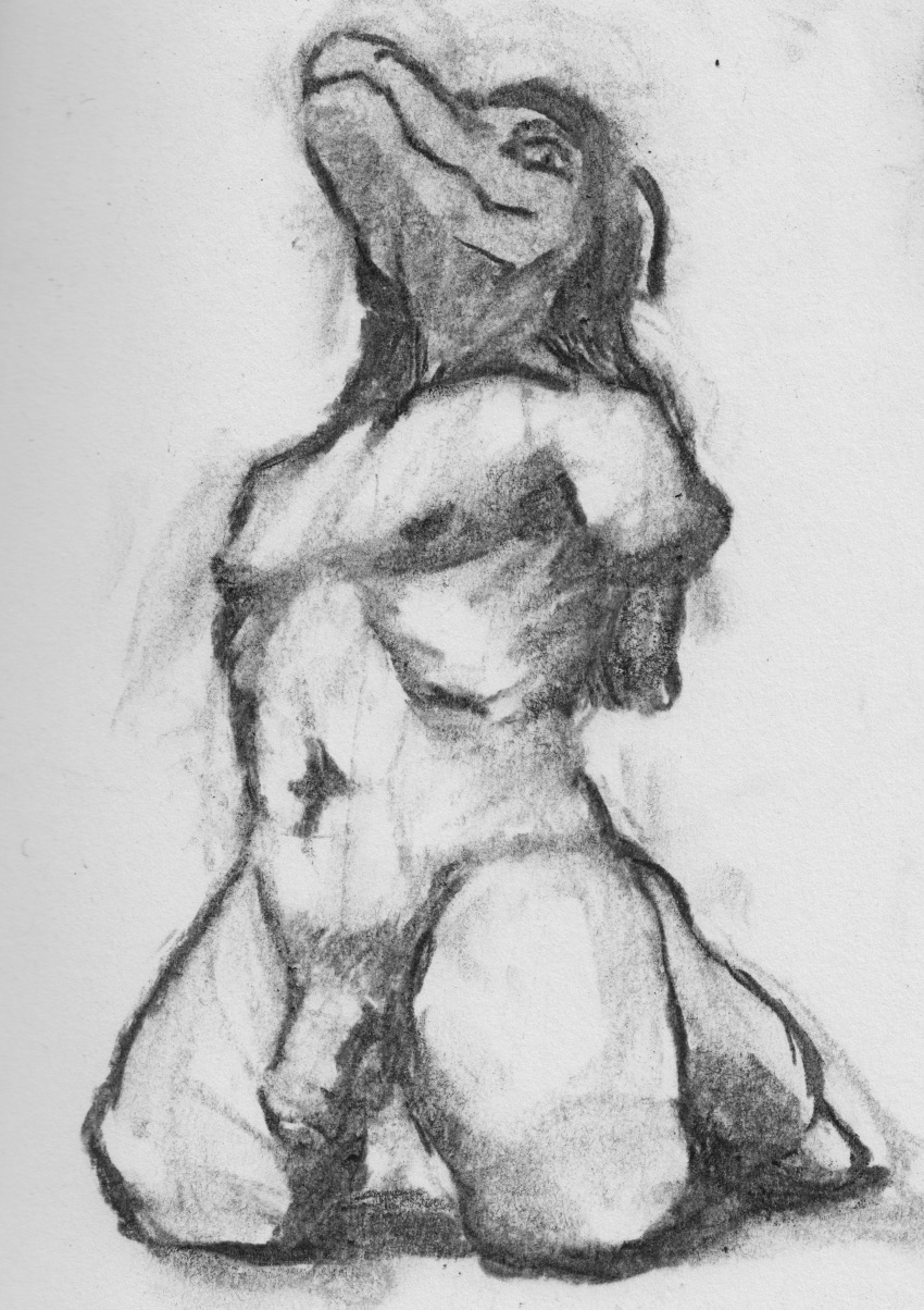 absurd_res amputee anthro balls disability dragon genitals hair hi_res horn long_hair looking_at_viewer low-angle_view male monochrome nipples nude pecs penis quadruple_amputee simple_background smile solo tetramelly traditional_media_(artwork) uncut