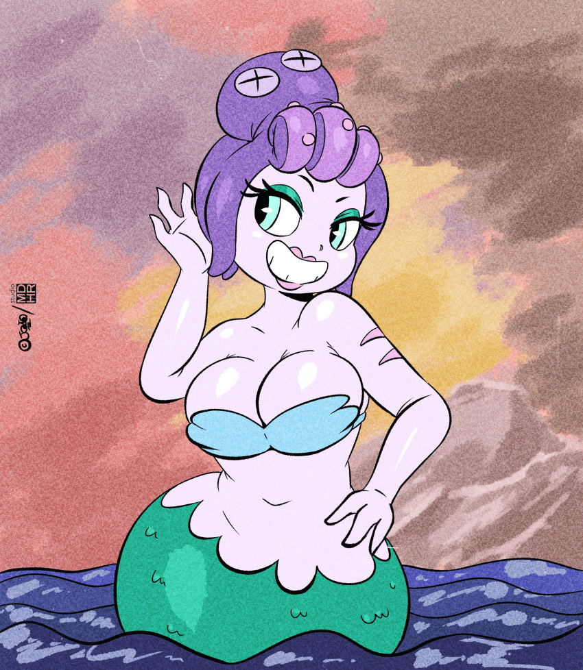 2020 4_fingers breasts cala_maria cephalopod coleoid cuphead_(game) digital_media_(artwork) eyelashes eyeshadow female fingers hi_res joaoppereiraus lipstick makeup marine merfolk mollusk octopodiform partially_submerged signature smile solo teal_eyes video_games water