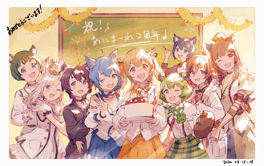 6+girls :3 :d ;d ahoge animal_ears animare bangs bear_ears birthday_cake black_hair blonde_hair blue_eyes blue_hair blue_skirt blunt_bangs blush braid breasts brown_eyes cake capybara_ears cat_ears chalkboard dog_ears eyebrows_visible_through_hair food green_eyes green_hair green_skirt haibara_akane hair_between_eyes hashiba_natsumi_(animare) highres hinokuma_ran holding holding_plate inaba_haneru_(animare) junwool kazami_kuku kuroneko_nanashi long_hair looking_at_viewer multiple_girls off_shoulder one_eye_closed open_mouth orange_hair paws plate purple_eyes shiromiya_mimi short_eyebrows short_hair sketch skirt smile souya_ichika v virtual_youtuber white_hair yellow_skirt yunohara_izumi