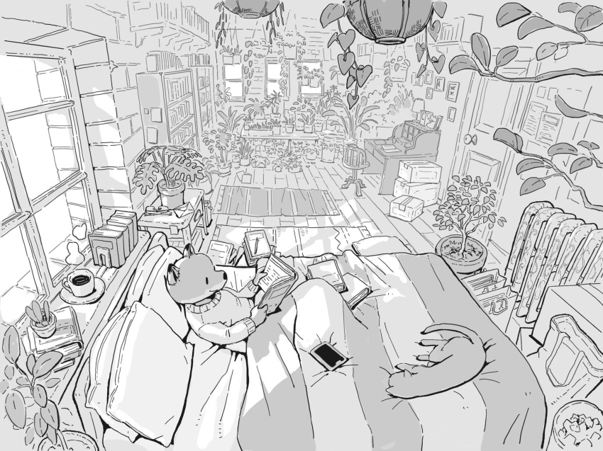 2020 amazing_background anthro bed bedding beverage blanket book canid canine coffee detailed_background domestic_cat felid feline felis feral fox furniture hi_res humanoid_hands mammal monochrome phone pillow reading ryo_yambe