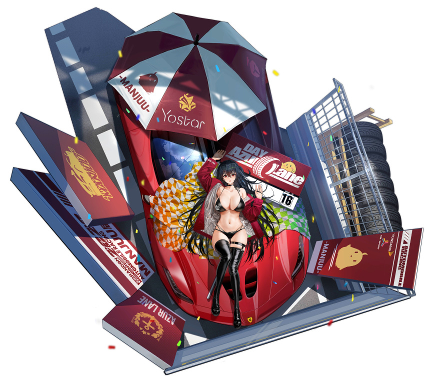 1girl ahoge arm_up armpits azur_lane bare_shoulders bikini black_bikini black_choker black_footwear black_hair boots breasts car checkered choker cleavage collarbone company_name confetti from_above full_body ground_vehicle hand_up highres jacket large_breasts latex_boots long_hair long_sleeves looking_at_viewer lying motor_vehicle multi-strapped_bikini navel off_shoulder official_art on_back one_side_up open_clothes open_jacket parted_lips racecar red_eyes red_jacket road sign skindentation solo stomach string_bikini swimsuit taihou_(azur_lane) taihou_(enraptured_companion)_(azur_lane) thigh_boots thigh_strap thighhighs thighs transparent_background umbrella very_long_hair yunsang