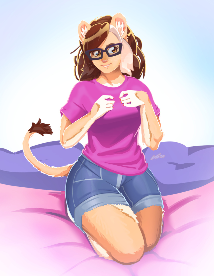 2020 anthro bed bedding blue_bottomwear blue_clothing blue_shorts bottomwear breasts brown_eyes brown_hair brown_pupils clothed clothing dandee_(character) digital_media_(artwork) digital_painting_(artwork) dipstick_tail eyewear felid female fingernails fingers front_view full-length_portrait fully_clothed fur furniture glasses grey_hair grin hair hand_on_breast hi_res inner_ear_fluff iris kneeling legs_together lion lips looking_at_viewer luxarman mammal medium_breasts multicolored_hair multicolored_tail nails on_bed orange_fingernails pantherine pink_bed pink_clothing pink_lips pink_nose pink_shirt pink_topwear portrait pupils shirt shorts signature simple_background smile solo tan_body tan_ears tan_fur tan_tail teeth topwear tuft two_tone_hair whiskers white_background white_inner_ear