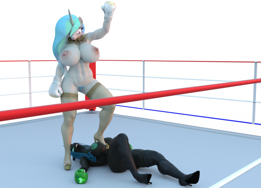 3d_(artwork) alpha_channel anthro areola arthropod big_breasts bodily_fluids boxing_gloves breasts changeling clothing digital_media_(artwork) duo equid equine female fighting_ring footwear friendship_is_magic genitals handwear hasbro hellbridge hi_res high_heels horn lactating lying mammal mostly_nude my_little_pony nipples on_back princess_celestia_(mlp) pubes pussy queen_chrysalis_(mlp) shoes unicorn