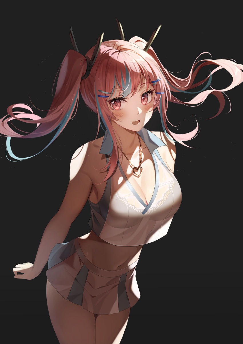 1girl :d absurdres azur_lane bangs bare_arms bare_shoulders black_bra black_hair bra breasts bremerton_(azur_lane) bremerton_(scorching-hot_training)_(azur_lane) cleavage cowboy_shot crop_top eyebrows_visible_through_hair hair_ornament hairclip heart heart_necklace highres large_breasts leaning_forward miniskirt multicolored_hair navel niji_(rudduf232) open_mouth red_eyes red_hair see-through sidelocks skirt sleeveless smile solo streaked_hair twintails two-tone_skirt underwear