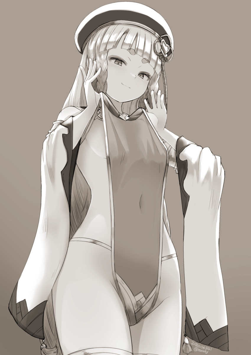 1girl bangs bare_shoulders beret blunt_bangs blush braid breasts closed_mouth clothes_pull covered_navel detached_sleeves erune eyeliner granblue_fantasy grey_background greyscale hat highleg highleg_leotard highres leotard long_hair looking_at_viewer makeup monochrome multiple_braids nosuku pholia quad_braids short_eyebrows side_braids sideboob sideless_outfit simple_background smile thighs very_long_hair wide_sleeves
