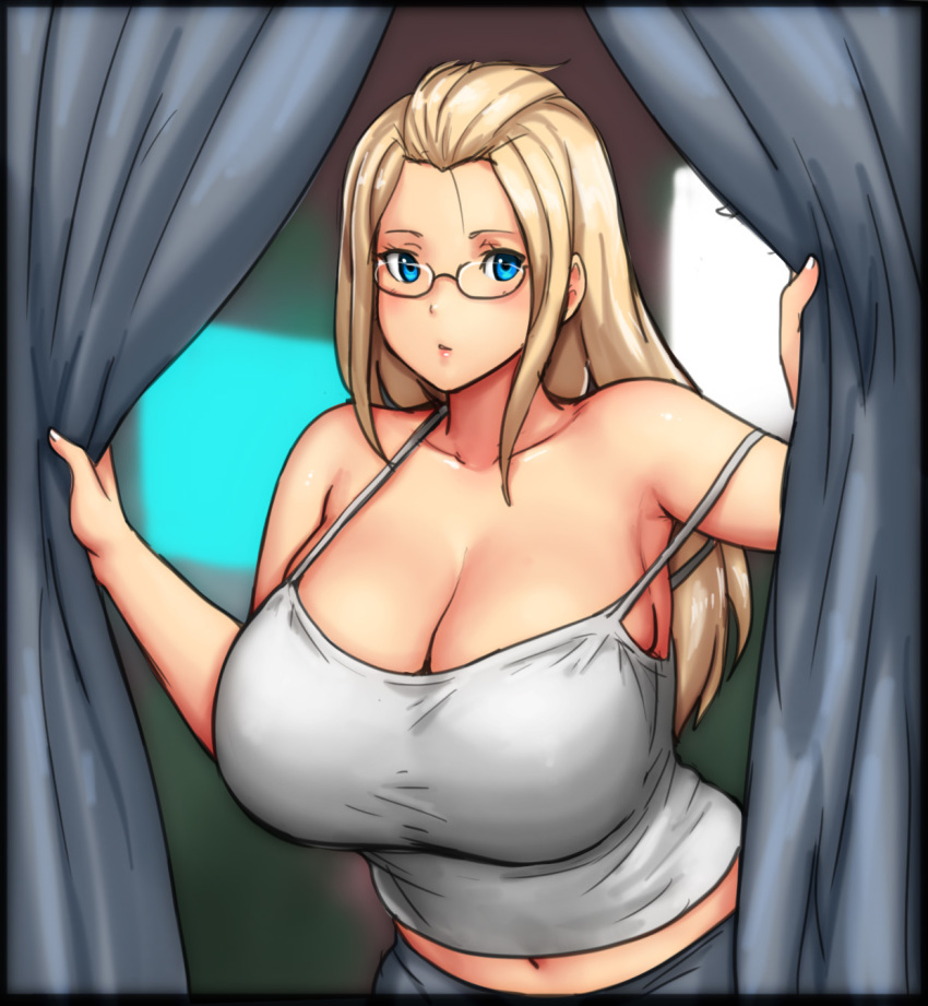 1girl bangs_pinned_back bare_shoulders blonde_hair blue_eyes breasts cleavage collarbone curtains erkaz folded_hair glasses hair_pulled_back highres huge_breasts inne_sulistya_robin long_hair midriff navel original sidelocks strap_slip tank_top white_tank_top