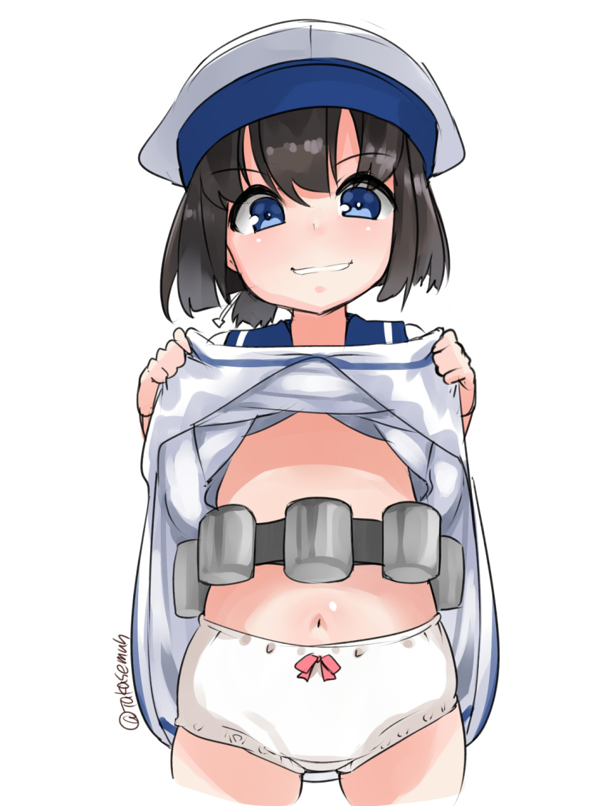 black_hair blue_eyes blue_sailor_collar bob_cut commentary_request daitou_(kantai_collection) depth_charge dress dress_lift grin hat high_ponytail highres kantai_collection looking_at_viewer panties sailor_collar sailor_dress sailor_hat short_hair short_sleeves sidelocks simple_background smile takase_muu underwear white_background white_dress white_headwear white_panties