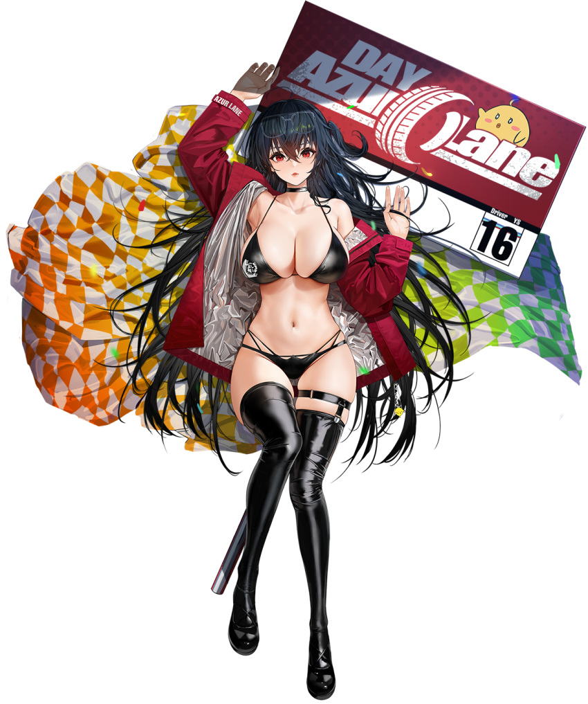 1girl ahoge arm_up armpits azur_lane bare_shoulders bikini black_bikini black_choker black_footwear black_hair boots breasts checkered choker cleavage collarbone full_body hand_up highres jacket large_breasts latex_boots long_hair long_sleeves looking_at_viewer lying multi-strapped_bikini navel off_shoulder official_art on_back one_side_up open_clothes open_jacket parted_lips red_eyes red_jacket sign skindentation solo stomach string_bikini swimsuit taihou_(azur_lane) taihou_(enraptured_companion)_(azur_lane) thigh_boots thigh_strap thighhighs thighs transparent_background very_long_hair yunsang