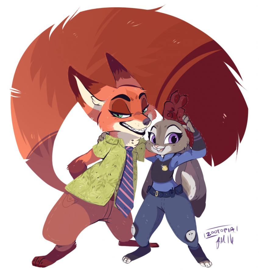2016 anthro big_ears big_tail black_lips buckteeth bunny_ears_(gesture) canid canine clothing digitigrade disney duo eyebrows female fox gesture green_eyes hand_on_shoulder hi_res judy_hopps kittenpawprints lagomorph larger_male leporid lips male mammal naughty_face necktie nick_wilde open_mouth police_uniform purple_eyes rabbit sharp_teeth size_difference smaller_female smile teeth thick_eyebrows thick_thighs toony uniform zootopia