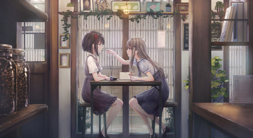 2girls book brown_hair elbows_on_table feeding food hair_ornament highres jar light_bulb missile228 multiple_girls original plant pudding rain short_sleeves sitting skirt spoon table