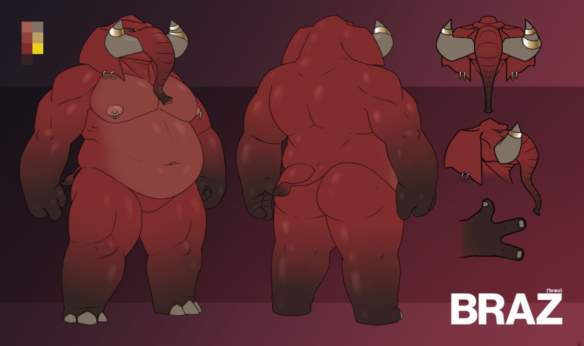 2020 3_toes animal_humanoid anthro big_muscles colored ear_piercing elephant elephant_humanoid elephantid empty_eyes featureless_crotch front_view humanoid male mammal mammal_humanoid model_sheet musclegut muscular muscular_anthro nipple_piercing nipples nude piercing proboscidean proboscidean_humanoid proboscis_(anatomy) rear_view red_body red_skin simple_background slightly_chubby small_eyes solo tail_tuft thick_body thick_thighs toes trunk_(anatomy) tuft tusk_ring tusks vantablackbox white_eyes white_toenails